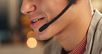 Man, mouth and night consultant with headset for online advice or virtual assistance on bokeh. Closeup, male person or agent working late with smile or mic for telecommunication or network support