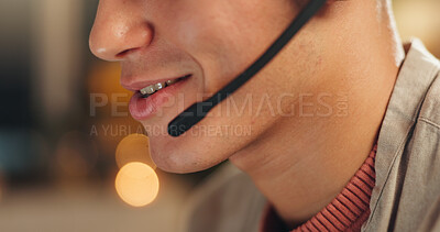 Buy stock photo Man, mouth and night consultant with headset for online advice or virtual assistance on bokeh. Closeup, male person or agent working late with smile or mic for telecommunication or network support