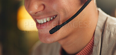 Buy stock photo Happy person, mouth and night consultant with headset for online advice or virtual assistance. Closeup, remote work or agent working late with smile or mic for telecommunication, web help or support