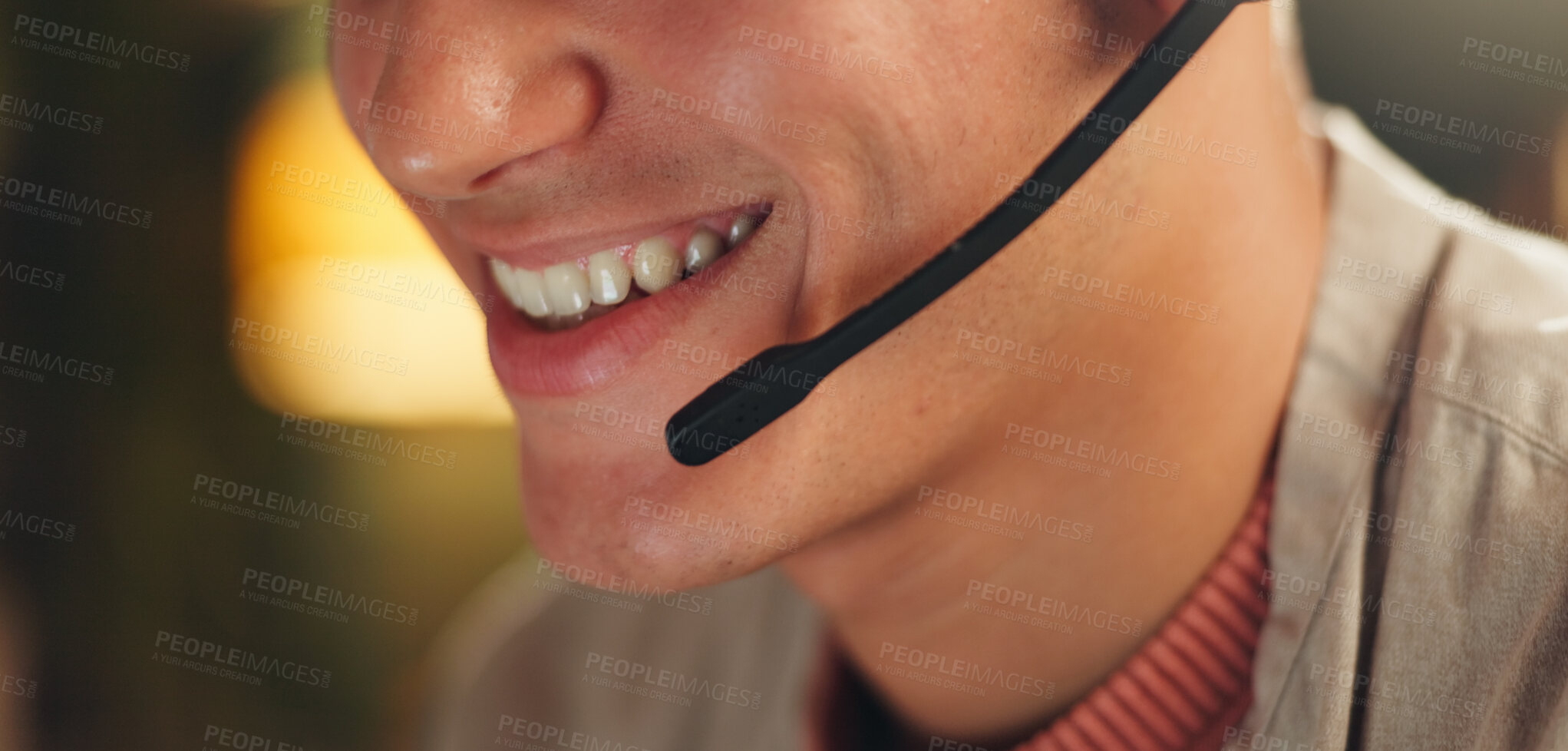 Buy stock photo Happy person, mouth and night consultant with headset for online advice or virtual assistance. Closeup, remote work or agent working late with smile or mic for telecommunication, web help or support
