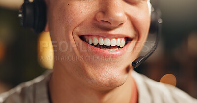 Buy stock photo Person, mouth and night agent with headset for online advice, humor or virtual assistance. Closeup, consultant or working late with smile, laugh or mic for telecommunication, support or friendly help