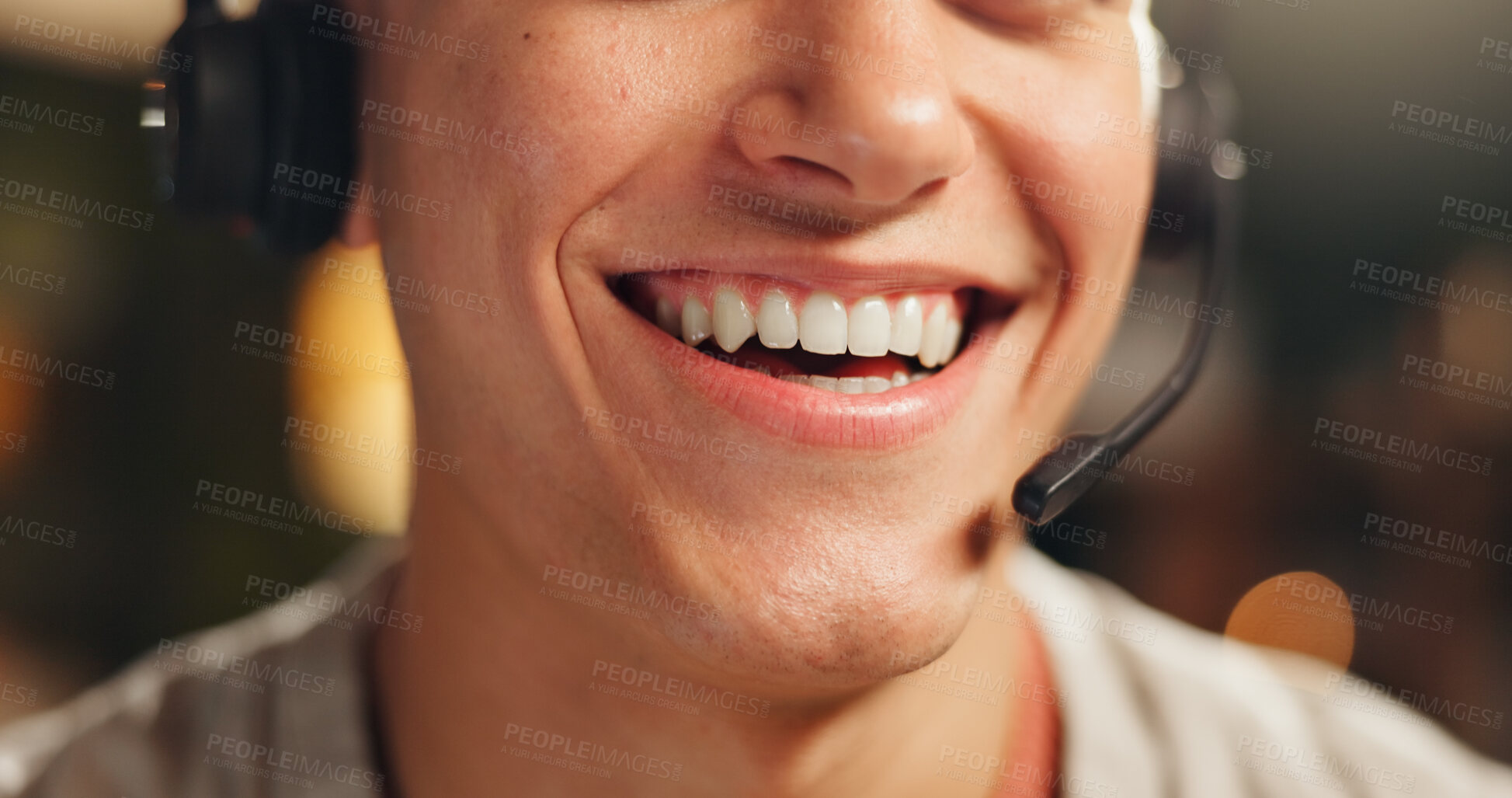 Buy stock photo Person, mouth and night agent with headset for online advice, humor or virtual assistance. Closeup, consultant or working late with smile, laugh or mic for telecommunication, support or friendly help