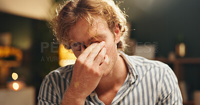 Buy stock photo Night, headache or man in office with eye strain, tired or burnout in task management. Fatigue, pressure or employee in workplace with migraine, deadline issue or vision discomfort in late shift.