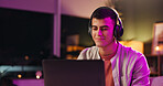 Laptop, musician and music with headphones, smile and listening to audio track for sound at night. Computer, man and streaming song with tech for content creator, subscription and neon light in home