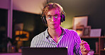 Laptop, man and music with headphones, smile and listening to audio track for production at night. Computer, person and streaming song with tech for musician, subscription and neon light in home