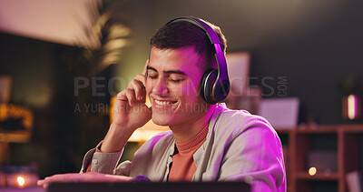 Buy stock photo Creative, employee and man with headphones, office and happy with sound, listen and post production. Editing, music and audio engineer with laptop for project, online or person with deadline at night