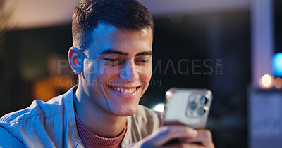 Buy stock photo Texting, night or man in home with phone, online conversation or checking notification on dating app. Chatting, bokeh or person in house with mobile, romance match or partner search in late evening.