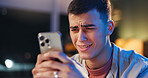 Sad, confusion and man in house with phone, scam alert or cybercrime in online message. Digital, space and male person in home with crisis, fraud warning and phishing scheme in email update.