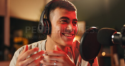 Buy stock photo Content creator, man and microphone for podcast, recording or night broadcast for radio host dj. Live streaming, headphones or streamer reading script for online interview, discussion or talk on tech