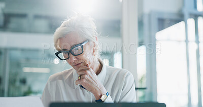 Buy stock photo Paperwork, thinking and business woman in office for insurance policy, decision or planning. Document, reading and mature broker with idea, problem solving or insight for risk management with flare