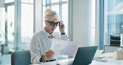 Buy stock photo Woman, accounting and documents with laptop at office for review, charts or glasses at company. Mature person, computer and stats with paperwork, administration and revenue graphs at financial agency