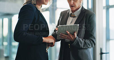 Buy stock photo Business women, hands or discussion with tablet for company report, proposal or idea in office. Female people, employees or colleagues with schedule checklist for project agenda or tasks in workplace