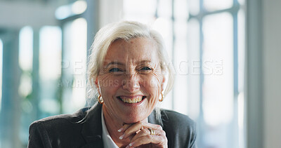 Buy stock photo Happy, business and portrait of mature woman in office with confidence, funny joke and pride. Corporate, financial manager and person with smile for finance career, job opportunity and company growth