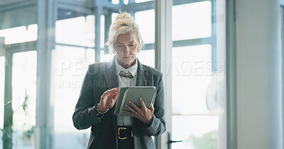 Buy stock photo Business woman, research or broker with tablet in office for stock market trading or investment. Mature trader, female person or financial advisor with technology for company finance or budget report
