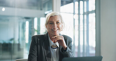 Buy stock photo Smile, business and portrait of mature woman in office with confidence, funny joke and pride. Corporate, financial manager and happy on laptop for finance career, job opportunity and company growth