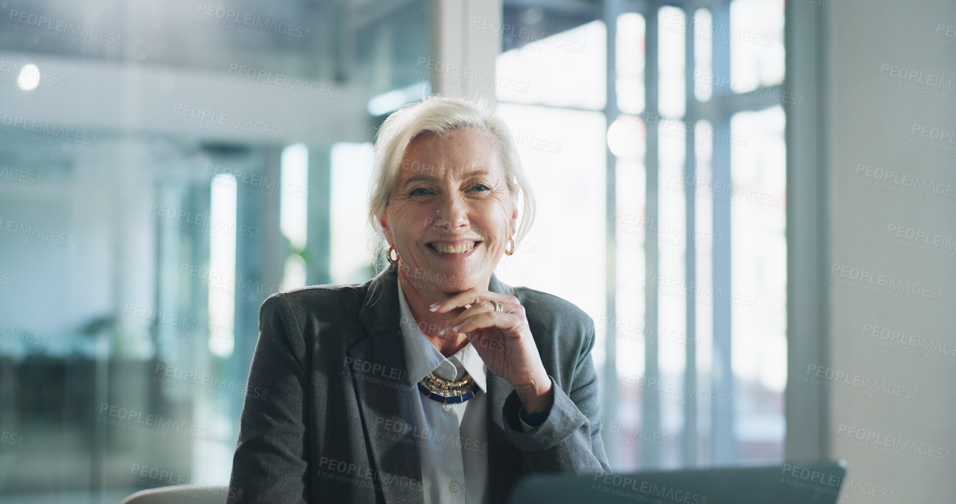 Buy stock photo Smile, business and portrait of mature woman in office with confidence, funny joke and pride. Corporate, financial manager and happy on laptop for finance career, job opportunity and company growth