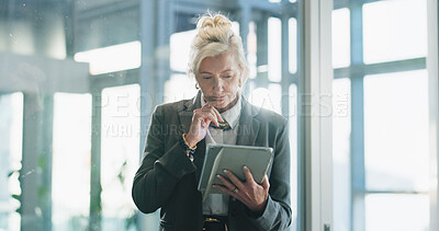 Buy stock photo Tablet, thinking and business woman in office for insurance policy decision, solution or planning. Technology, reading and mature broker with idea, claims report or insight for risk management email