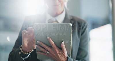 Buy stock photo Scroll, research and hands with tablet, office and info for real estate investment, flare and online. Business, realtor and person with tech for property listing, search and sale opportunity on web