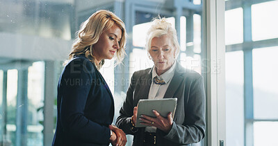 Buy stock photo Woman, tablet and team at office with review, checklist or insight for strategy at insurance company. People, advisor or broker with tech, discussion and application with risk assessment at agency