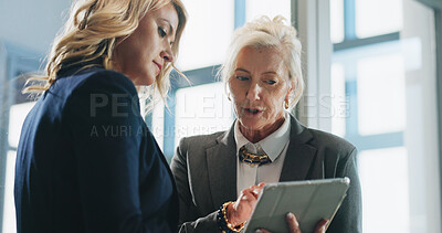 Buy stock photo Woman, tablet and team at office with planning, checklist or insight for strategy at insurance company. People, advisor or broker with tech, discussion and application with risk assessment at agency
