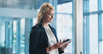 Buy stock photo Woman, phone and smile with texting at office with networking, contact or notification at insurance company. People, advisor or broker with smartphone, app or happy for risk assessment job at agency