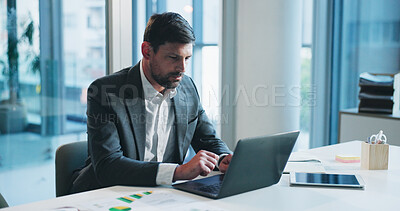 Buy stock photo Man, accounting and typing with laptop at office for review, charts and documents at company. Person, computer and stats with bookkeeping, administration and revenue graphs at financial agency