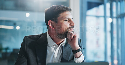 Buy stock photo Man, business and thinking in office with opportunity, financial decision and investment offer. Insight, laptop and male accountant in agency with reflection, economy perspective and development