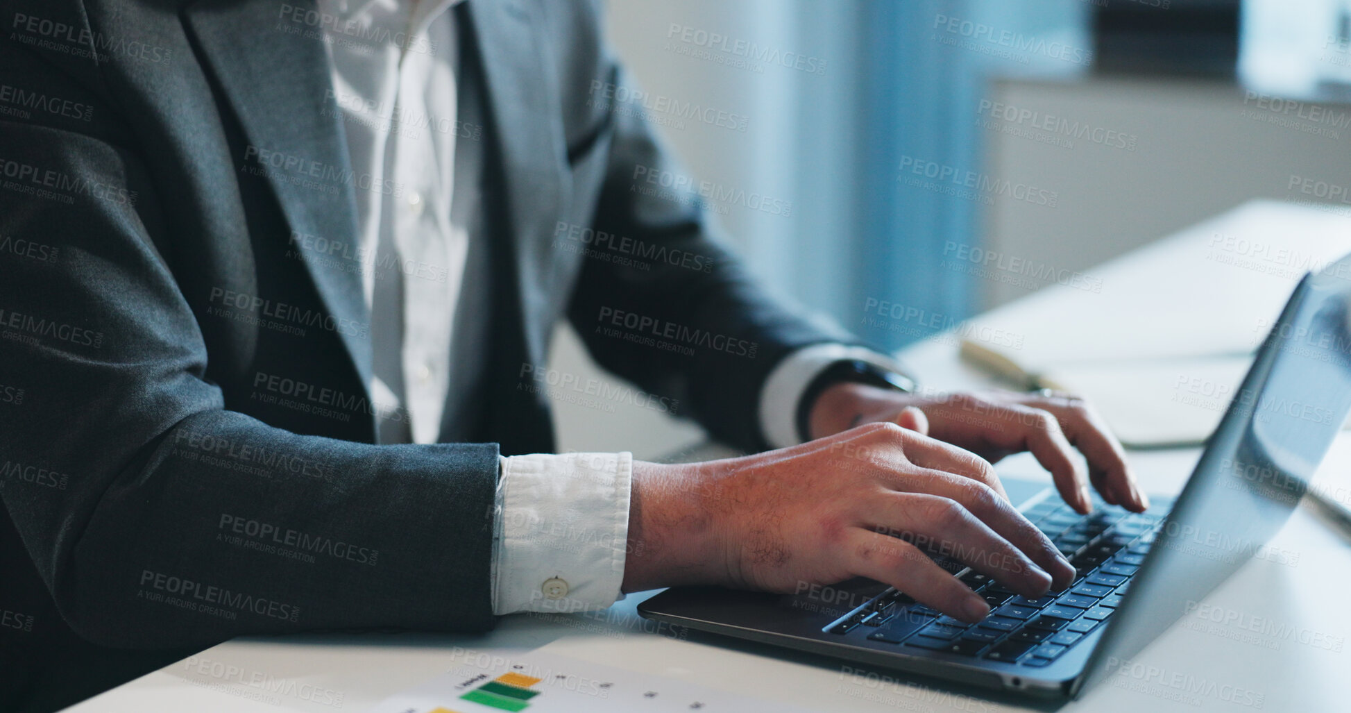 Buy stock photo Hands, business and man in office, laptop for online reading and checklist for revenue audit. Person, accountant and employee with pc, email for funds management and feedback for finance compliance