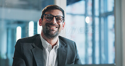 Buy stock photo Happy, corporate and portrait of business man in office with confidence, about us and pride. Professional, financial manager and person smile for finance career, job opportunity and company growth