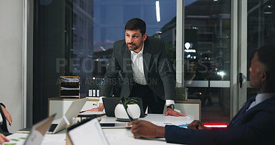Buy stock photo Night, meeting and man in office with team, business people and brainstorming ideas at digital agency. Manager, overtime and project proposal with reflection, inspiration and working late for report