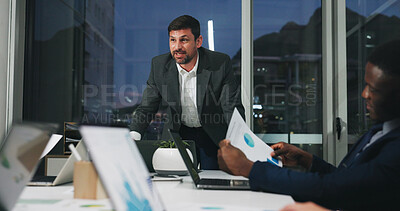 Buy stock photo Night, meeting and team in office with project, business people and brainstorming ideas at digital agency. Research, overtime and proposal with graphs, management review and working late for report