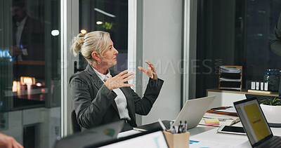 Buy stock photo Night, meeting and woman in office with proposal, business people and brainstorming ideas at digital agency. Mature person, overtime and team with graphs, management review or working late for report
