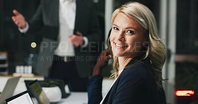 Buy stock photo Portrait, investor and happy woman in meeting, night and proposal for trading portfolio. Company audit, person and financial advisor in workplace, smile and confidence for career ambition and evening