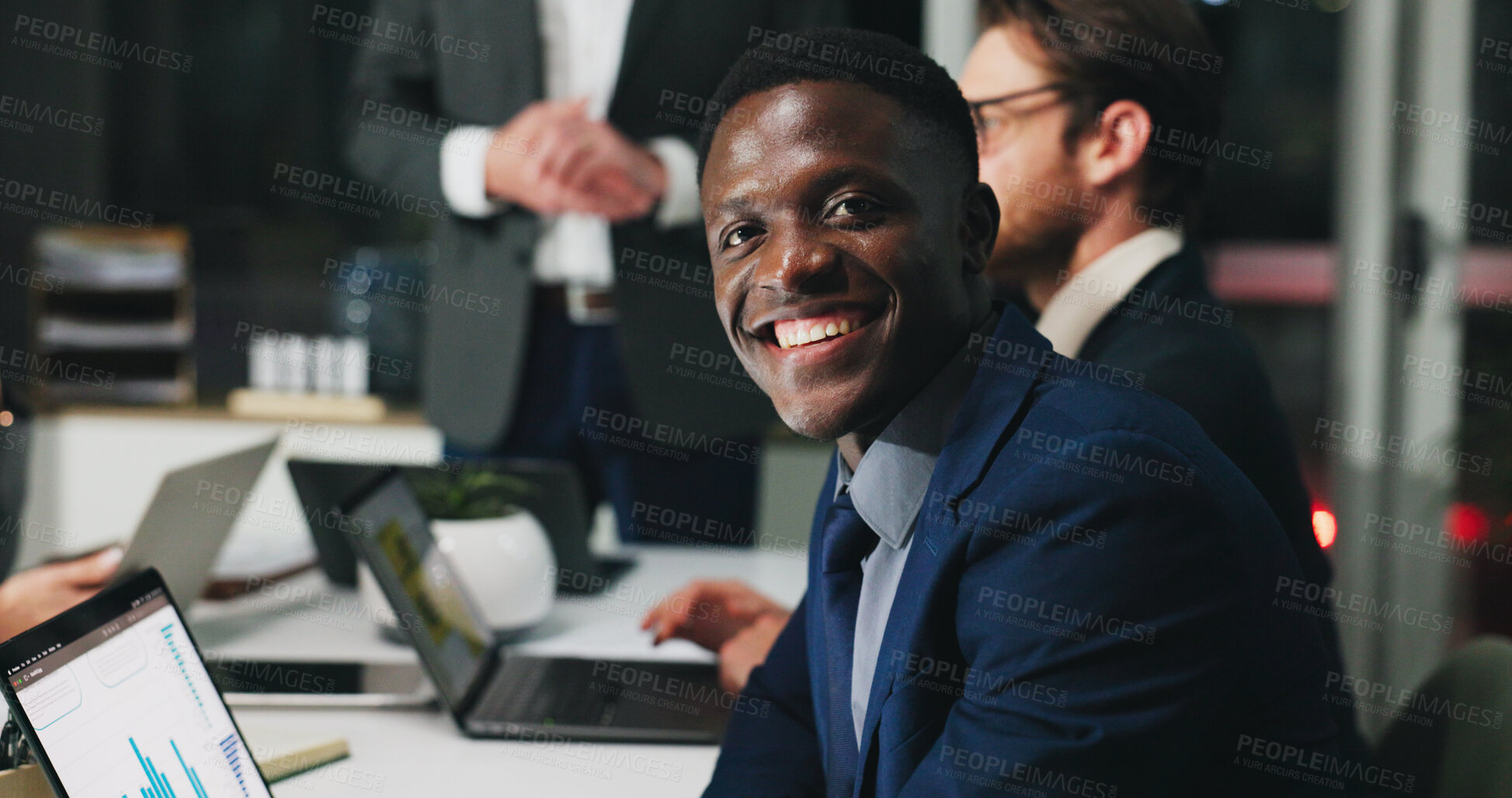 Buy stock photo Night, portrait or man in office with meeting, graph review or career pride in budget evaluation. Smile, collaboration or financial analyst with laptop, about us or risk management in evening shift