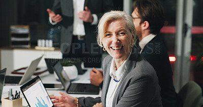 Buy stock photo Laptop, portrait or woman in office with meeting, night review or pride in budget evaluation. Smile, collaboration or mature analyst with tech, about us or financial management in evening shift.