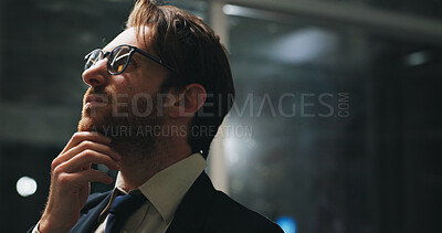 Buy stock photo Night, thinking and man in office with project, business plan and brainstorming ideas at digital agency. Research, overtime and businessman with reflection, inspiration and working late for report