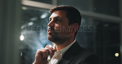 Buy stock photo Night, thinking and man in office with business plan, project and brainstorming ideas at digital agency. Research, overtime and businessman with reflection, inspiration and working late for report