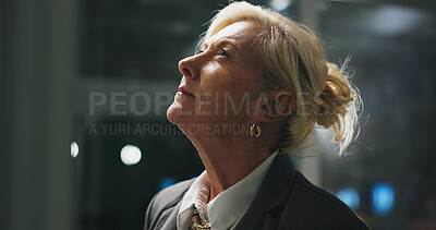 Buy stock photo Night, thinking and woman in office with project, business plan and brainstorming at digital agency. Research, overtime and mature manager with reflection, inspiration and working late for report