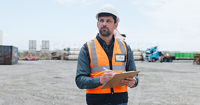 Buy stock photo Logistics, man and inspection with clipboard in yard for shipping control, status reporting or export. Customs officer, person and waybill documents for import clearance, cargo tracking or compliance