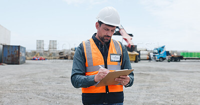 Buy stock photo Man, logistics and writing with inspection in yard for shipping control or supply chain safety. Male person, inspector or storage operator with inventory checklist for container or stock distribution
