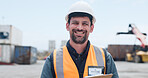 Portrait, man and happy in yard for shipping inspection, logistics checklist and quality assurance. Smile, person and clipboard with dispatch information, freight supervision and distribution safety