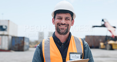 Buy stock photo Portrait, man and happy in yard for shipping inspection, logistics checklist and quality assurance. Smile, person and clipboard with dispatch information, freight supervision and distribution safety