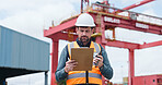 Man, logistics or shipping inspection in container yard for supply chain control or distribution. Male person, inspector or storage operator with inventory for shipment checklist or quality assurance
