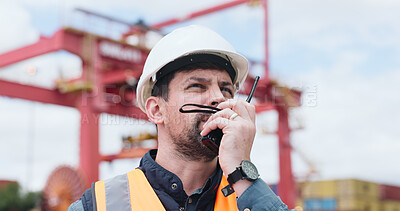 Buy stock photo Logistics, talking or man outdoor with radio, tracking cargo or inventory management in shipping service. Discussion, ppe or customs officer on site with tech, freight or safety assurance of export.