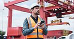 Construction site, view or man with phone for inspection, infrastructure or building schedule update. Review, property timeline or project manager with development notes on mobile, outdoor or report