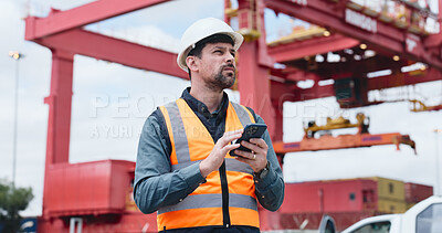 Buy stock photo Construction site, view or man with phone for inspection, infrastructure or building schedule update. Review, property timeline or project manager with development notes on mobile, outdoor or report