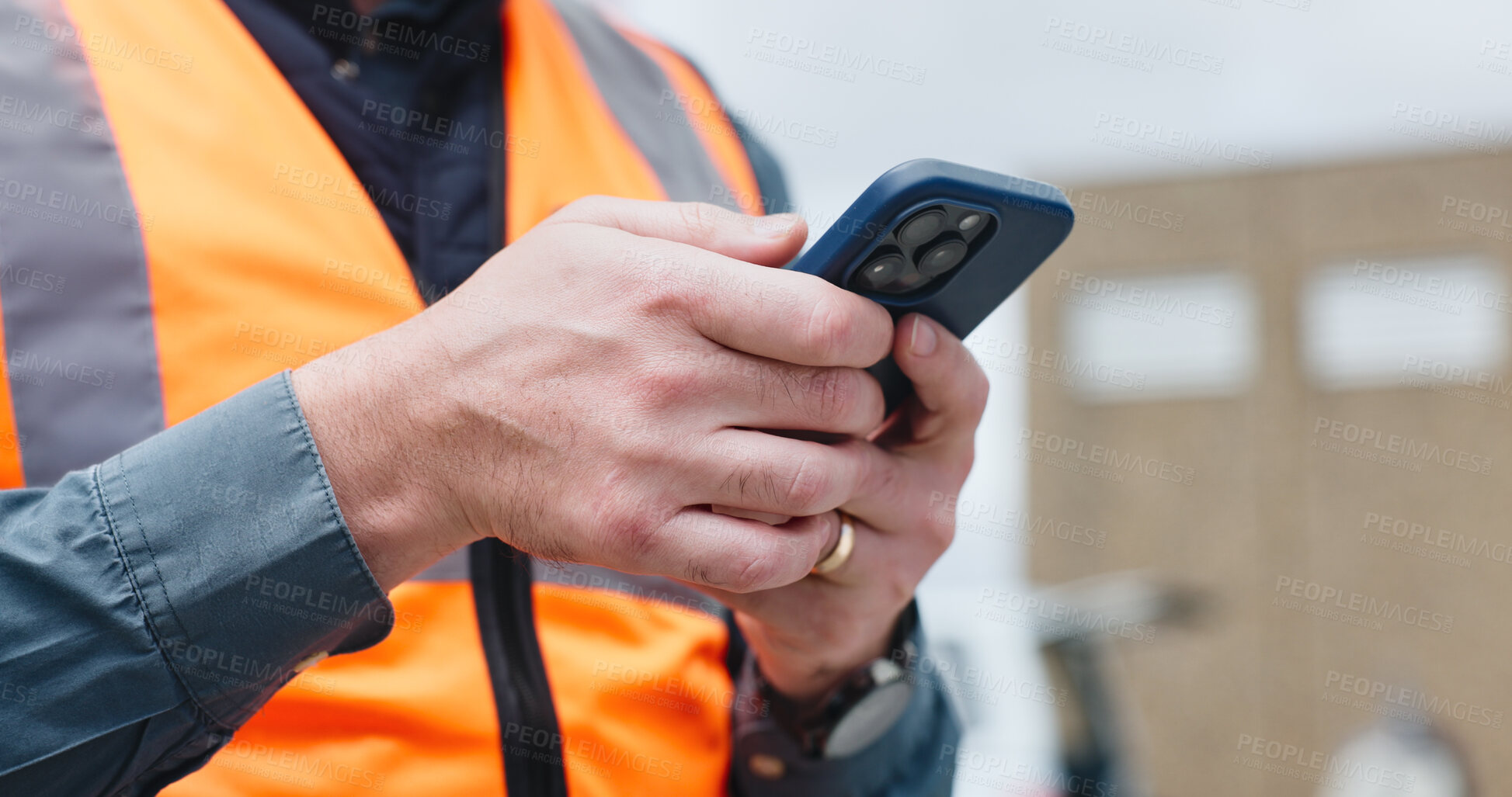 Buy stock photo Outdoor, civil engineer and hands with smartphone, online and texting with contact for construction. Typing, message and person with mobile on site, builder and communication for property development