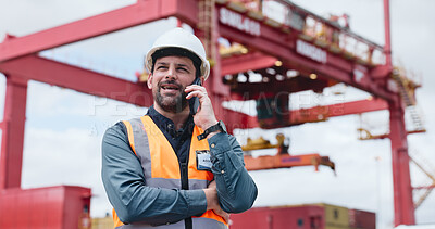 Buy stock photo Logistics, low angle or man outdoor with phone call, tracking cargo or inventory management in supply chain. Distribution, ppe or customs officer with tech, freight or safety assurance of export.