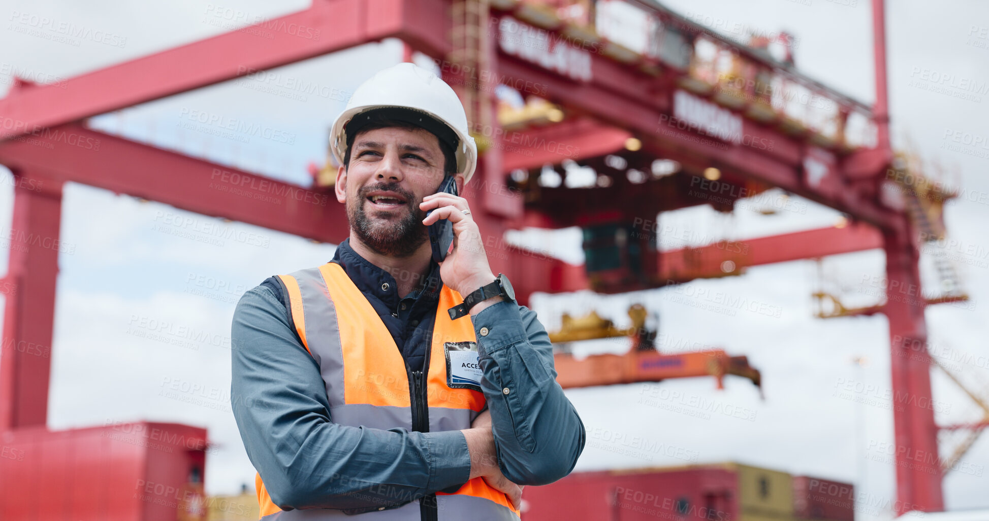 Buy stock photo Logistics, low angle or man outdoor with phone call, tracking cargo or inventory management in supply chain. Distribution, ppe or customs officer with tech, freight or safety assurance of export.