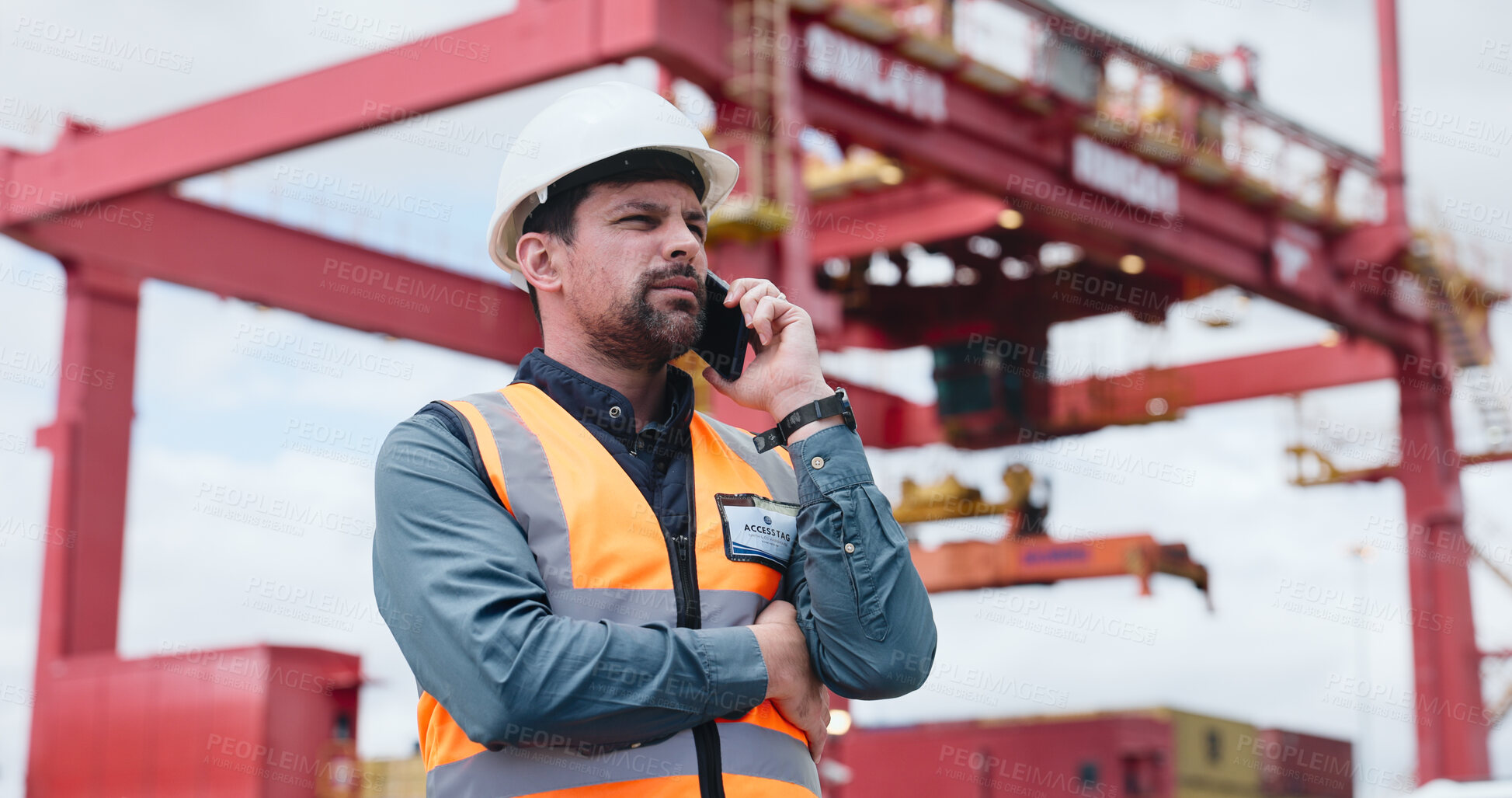 Buy stock photo Logistics, low angle or man on site with phone call, cargo track or inventory management in supply chain. Distribution, ppe or customs officer with tech, freight or safety assurance of export.